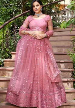 Embroidered Net Lehenga in Pink