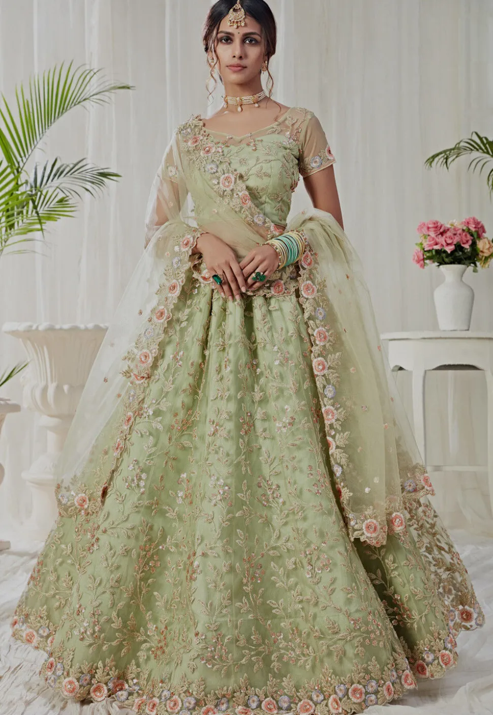 Embroidered Net Lehenga in Light Green