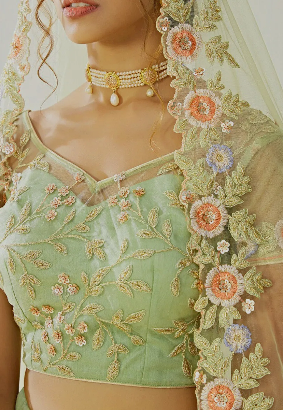 Embroidered Net Lehenga in Light Green