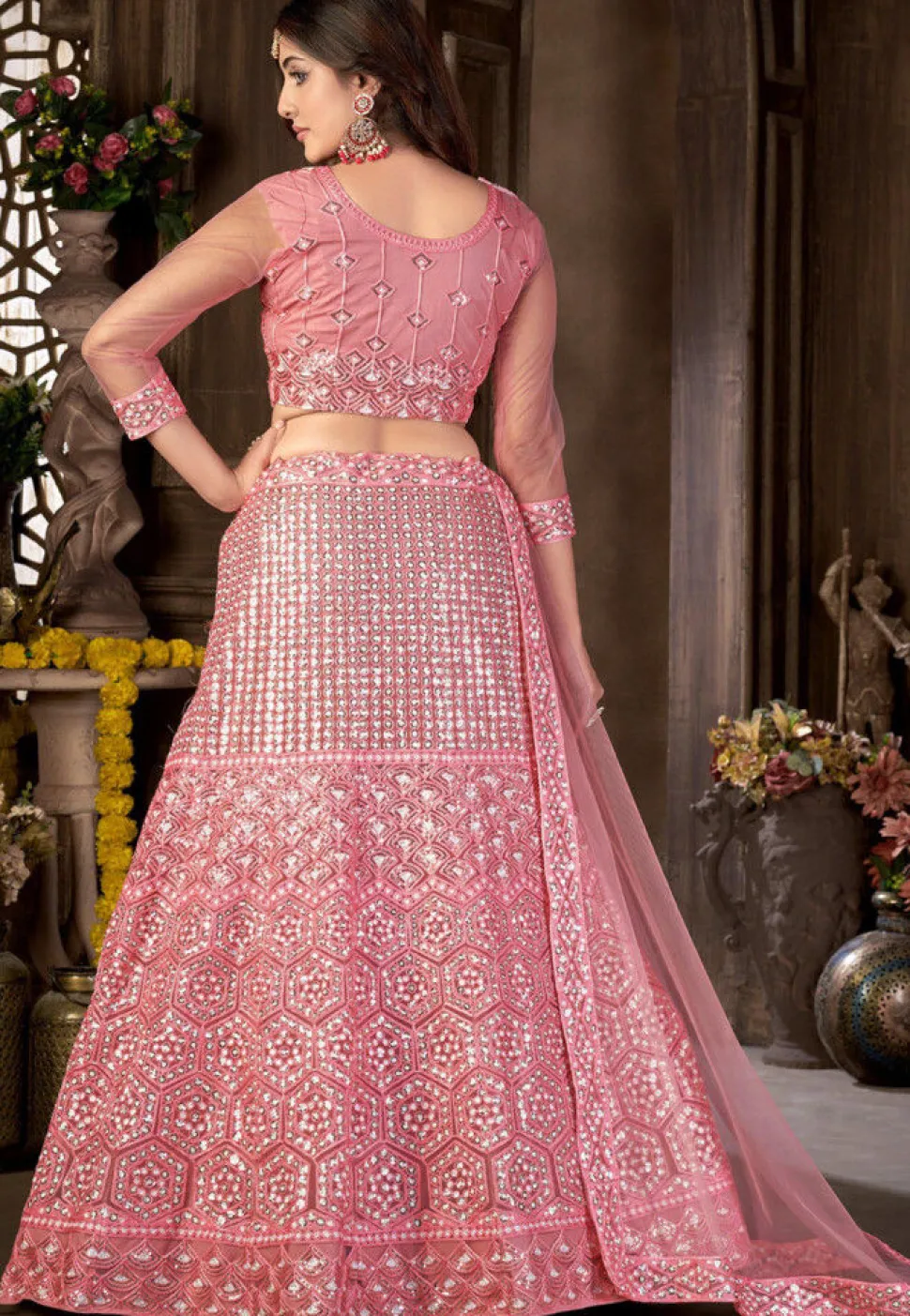 Embroidered Net Lehenga in Pink