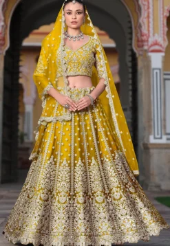 Embroidered Net Lehenga in Yellow