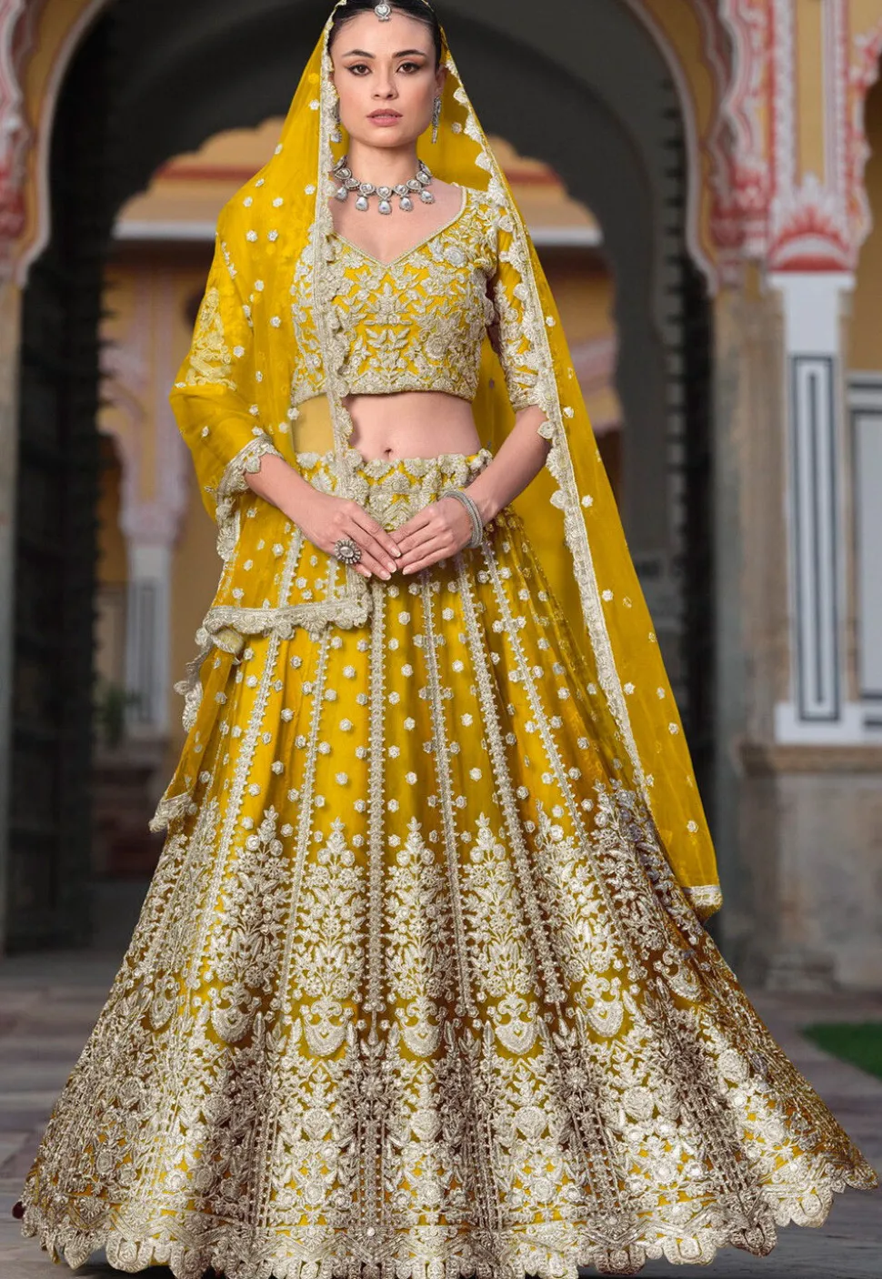 Embroidered Net Lehenga in Yellow