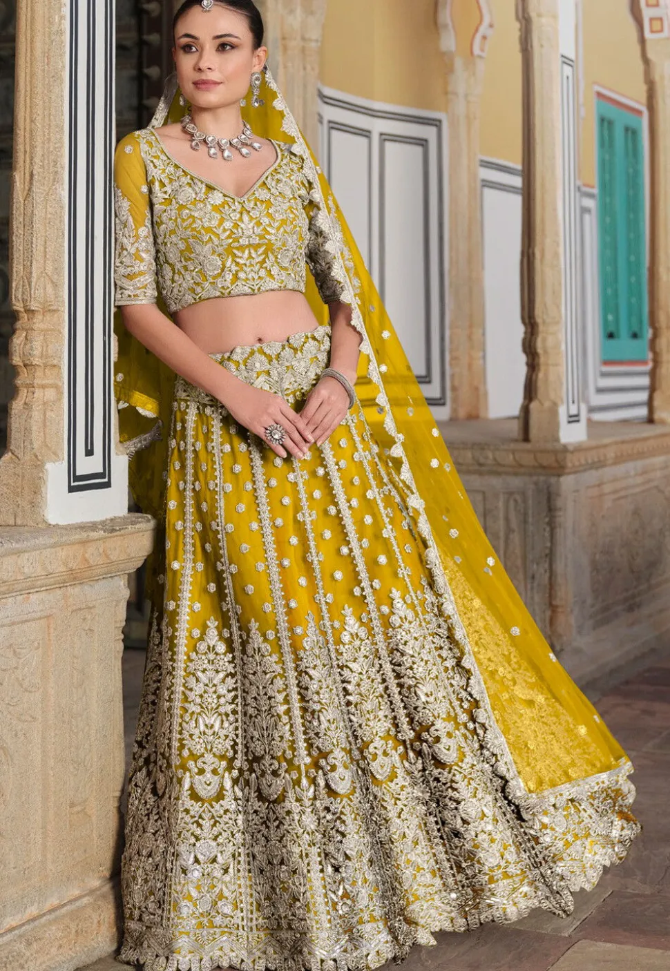 Embroidered Net Lehenga in Yellow