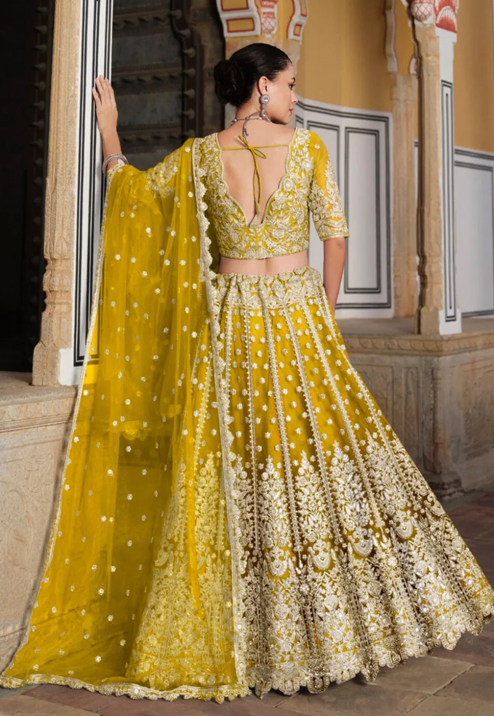 Embroidered Net Lehenga in Yellow