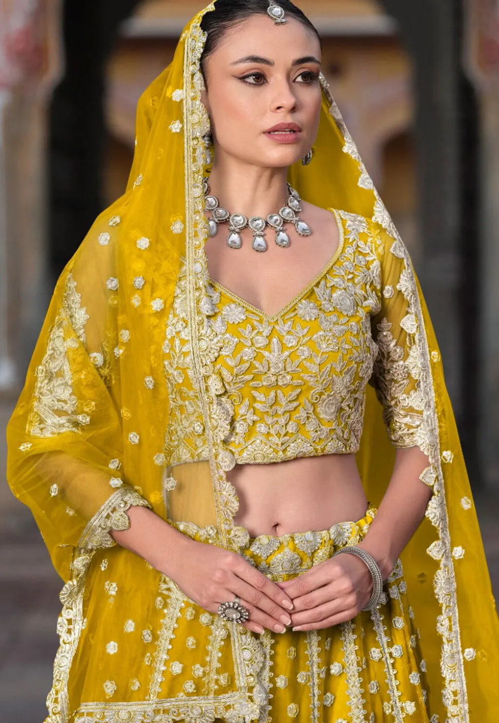 Embroidered Net Lehenga in Yellow