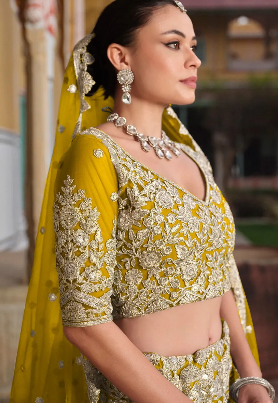 Embroidered Net Lehenga in Yellow
