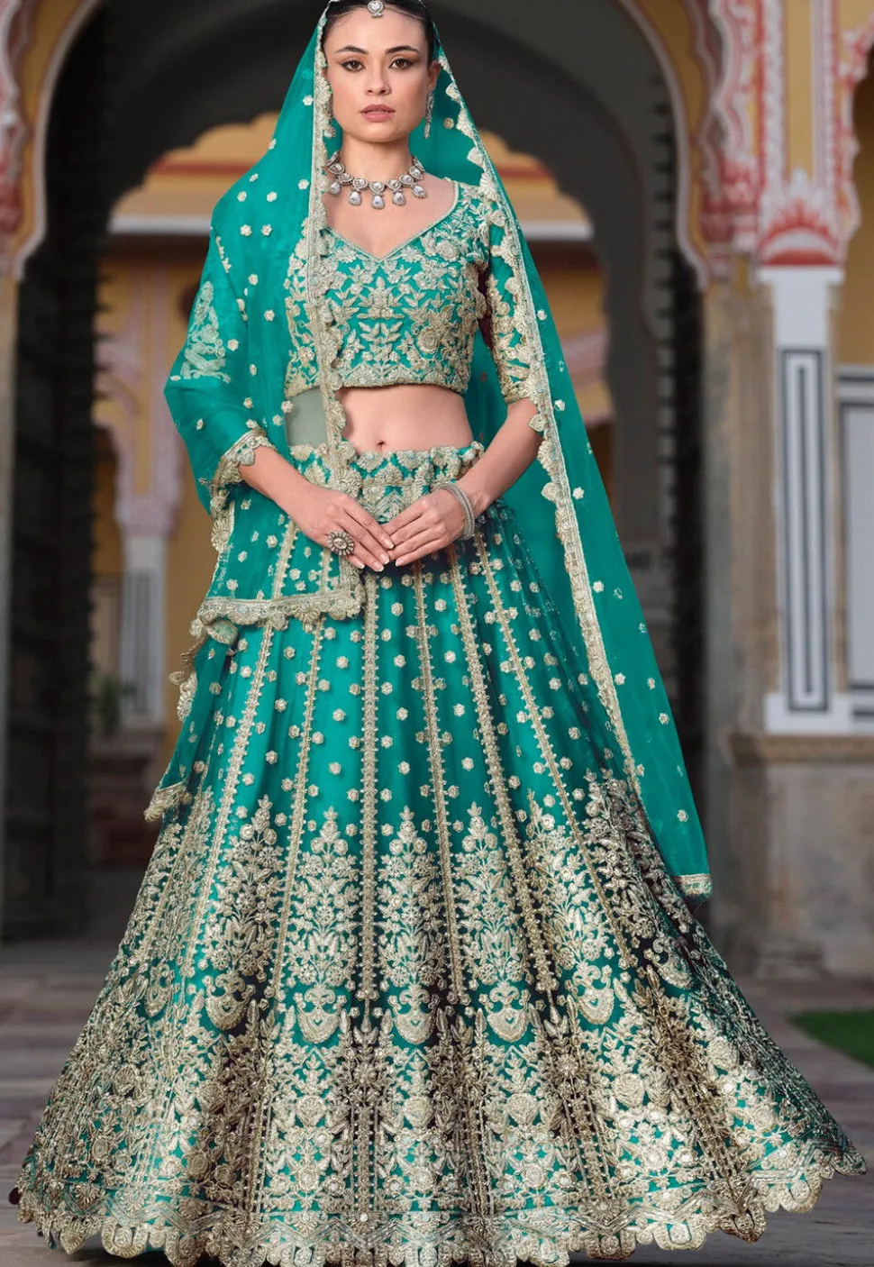 Embroidered Net Lehenga in Teal Blue
