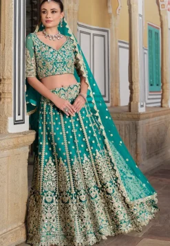 Embroidered Net Lehenga in Teal Blue