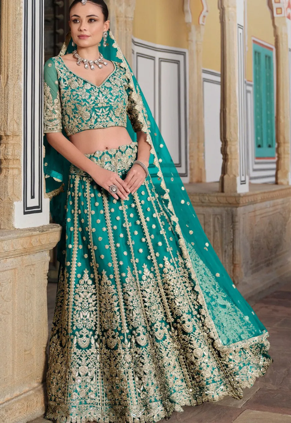 Embroidered Net Lehenga in Teal Blue