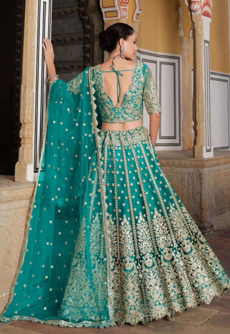 Embroidered Net Lehenga in Teal Blue