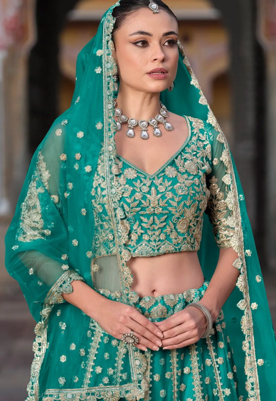 Embroidered Net Lehenga in Teal Blue