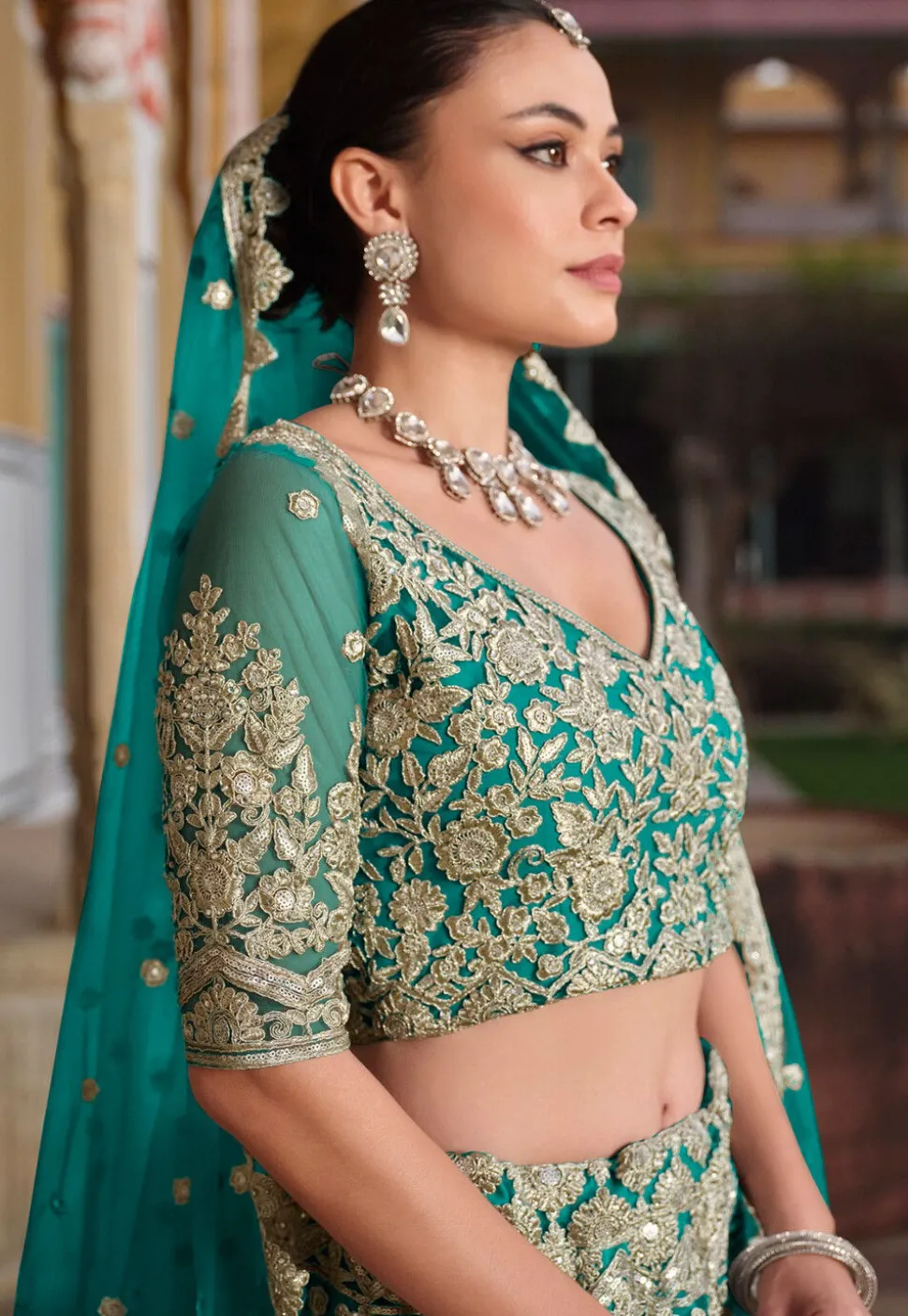 Embroidered Net Lehenga in Teal Blue