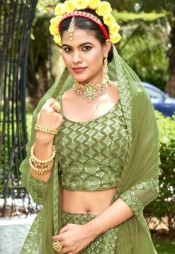 Embroidered Net Lehenga in Olive Green
