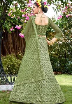 Embroidered Net Lehenga in Olive Green