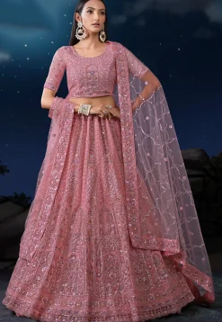 Embroidered Net Lehenga in Pink