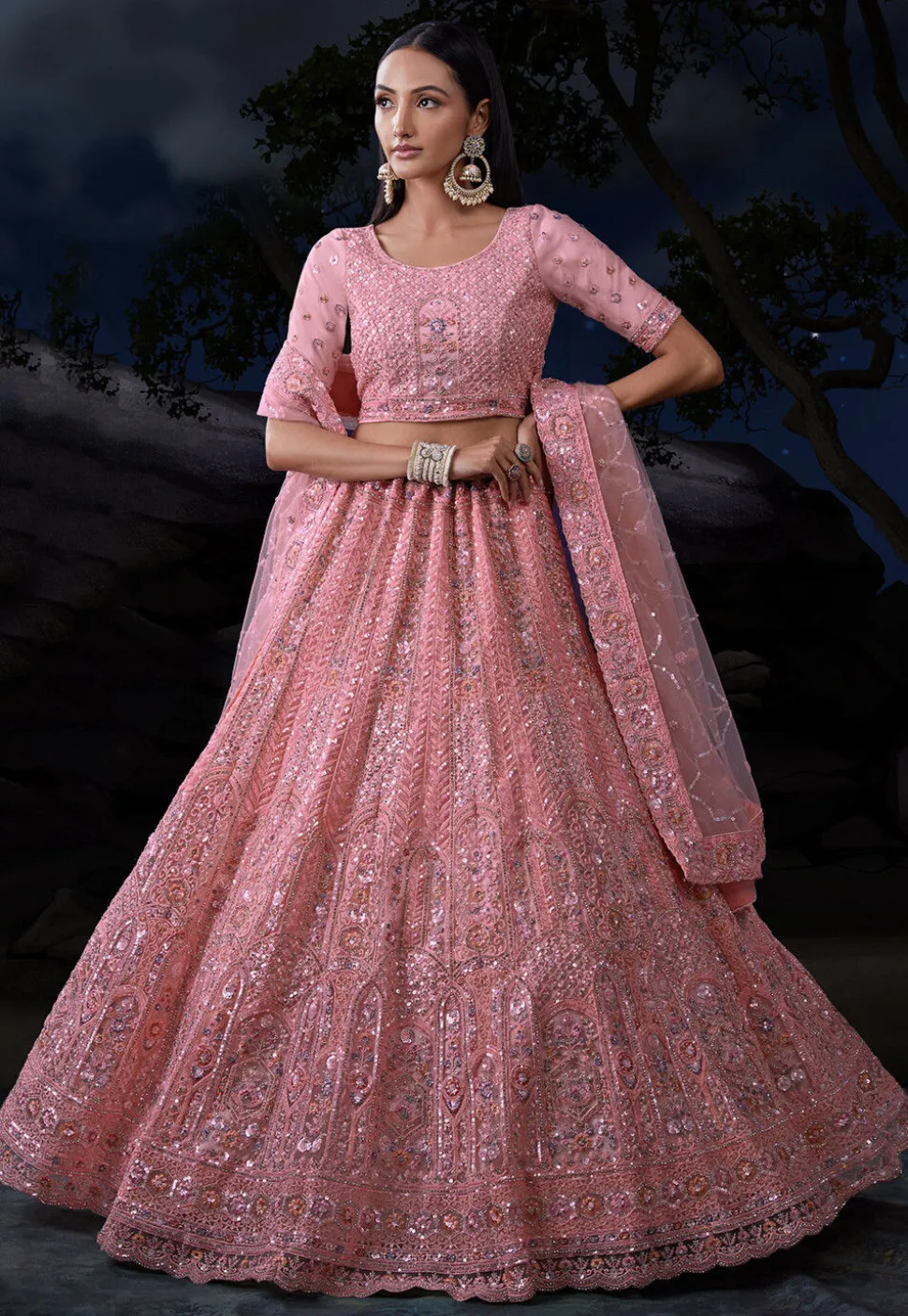 Embroidered Net Lehenga in Pink