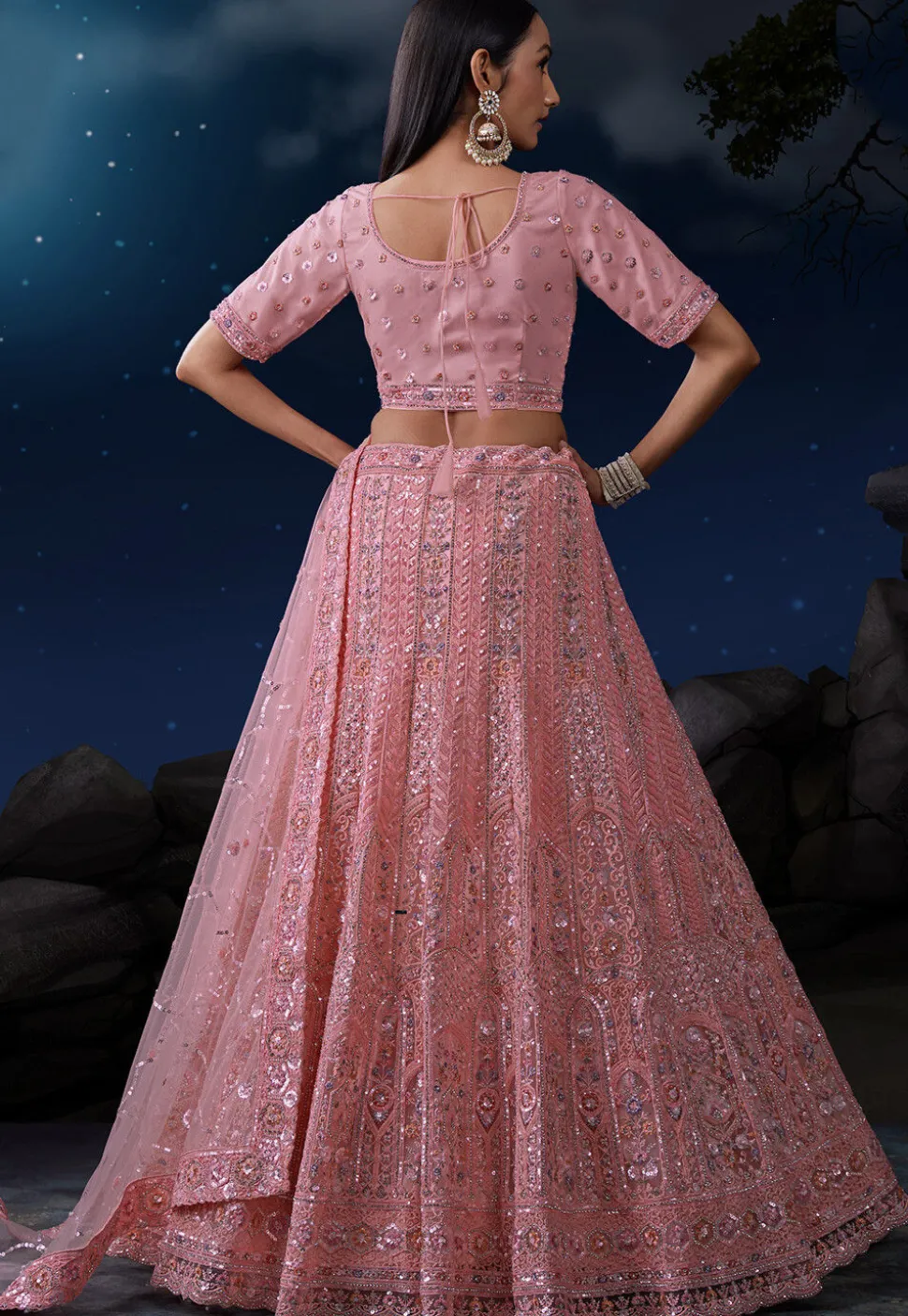 Embroidered Net Lehenga in Pink