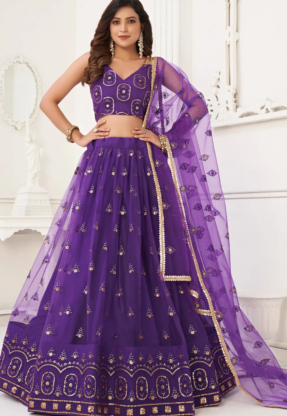 Embroidered Net Lehenga in Purple