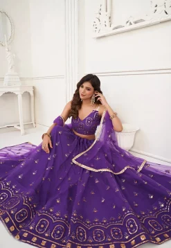 Embroidered Net Lehenga in Purple