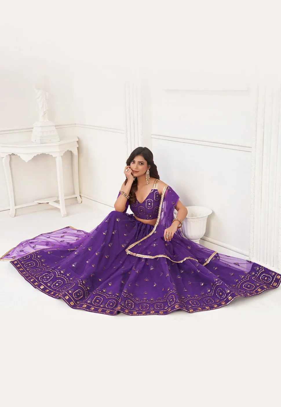 Embroidered Net Lehenga in Purple