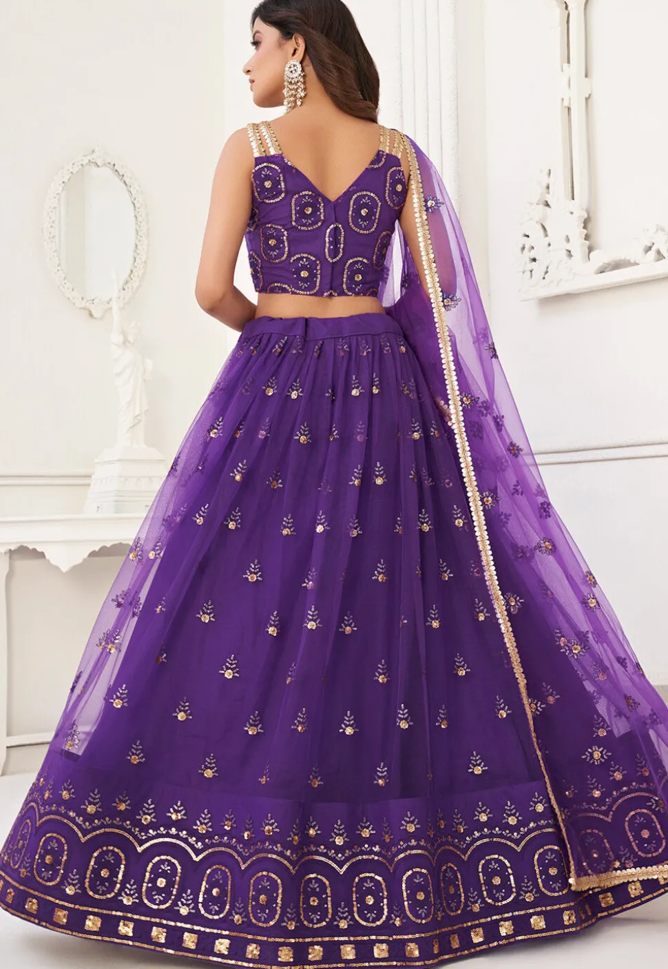 Embroidered Net Lehenga in Purple