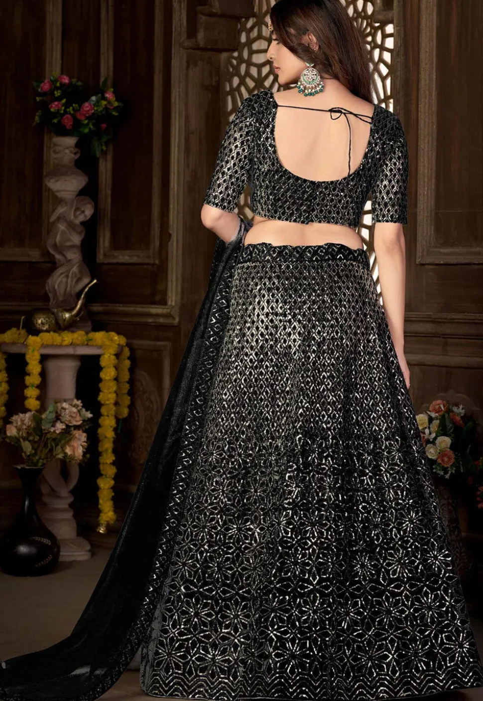 Embroidered Net Lehenga in Black