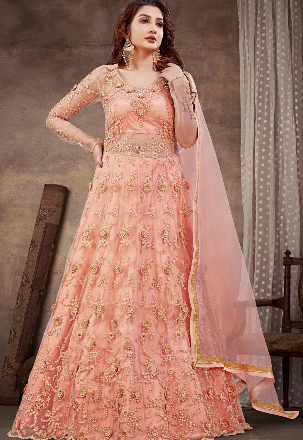 Embroidered Net Lehenga in Peach