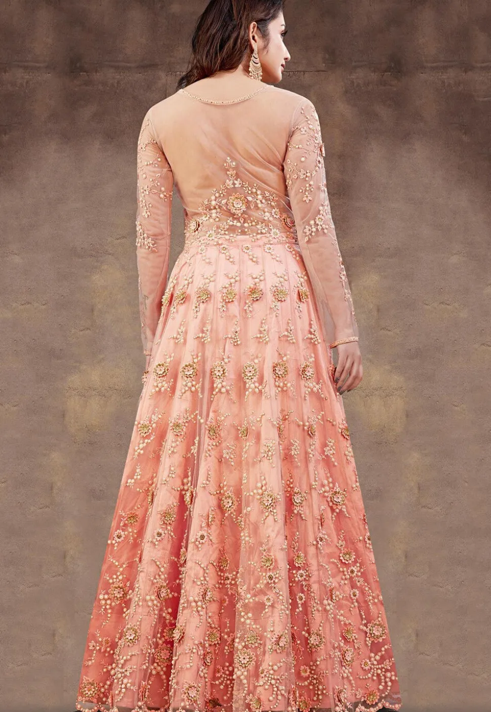 Embroidered Net Lehenga in Peach