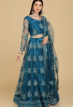 Embroidered Net Lehenga in Teal Blue