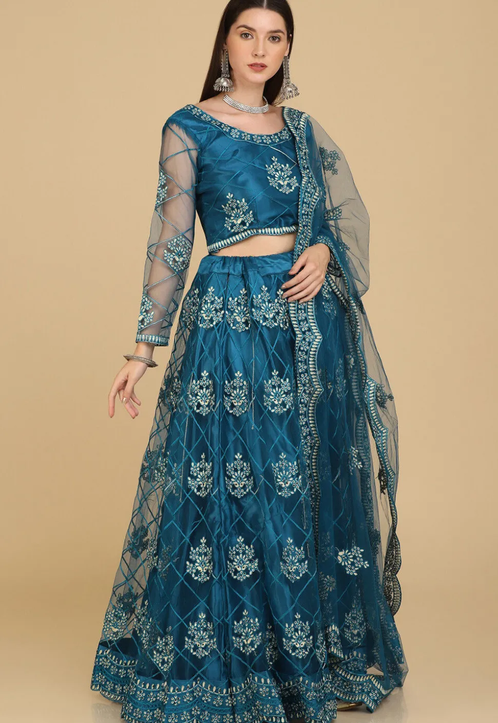 Embroidered Net Lehenga in Teal Blue