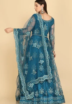 Embroidered Net Lehenga in Teal Blue
