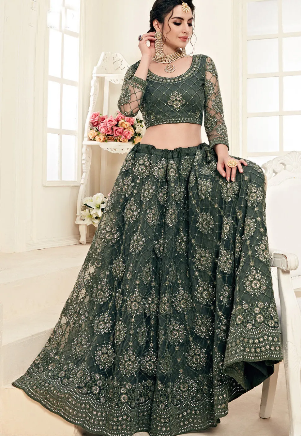 Embroidered Net Lehenga in Olive Green