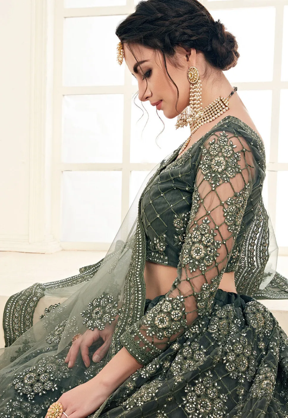 Embroidered Net Lehenga in Olive Green