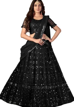 Embroidered Net Lehenga in Black
