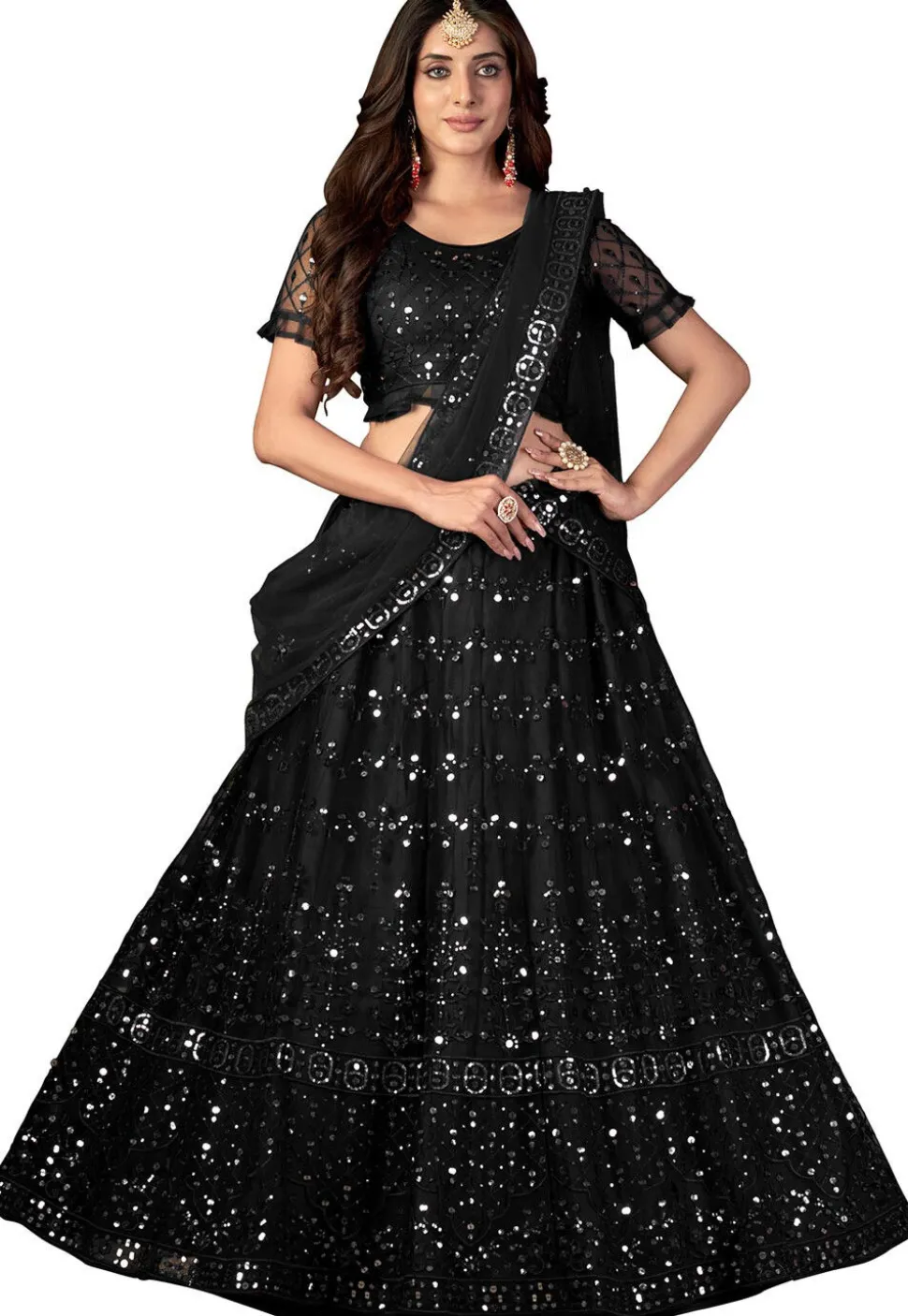 Embroidered Net Lehenga in Black