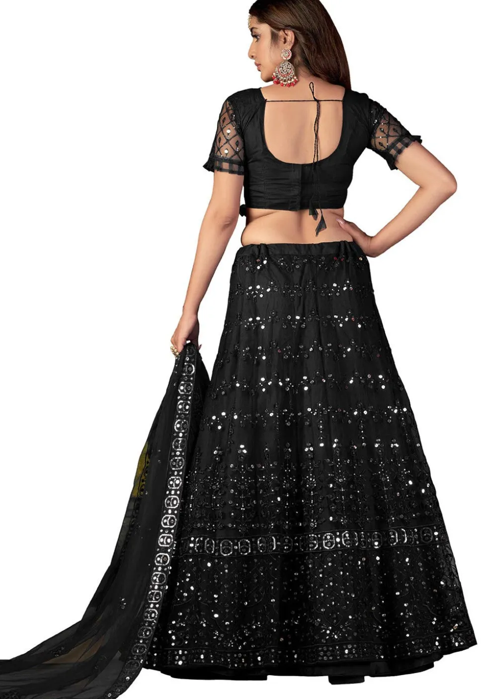 Embroidered Net Lehenga in Black