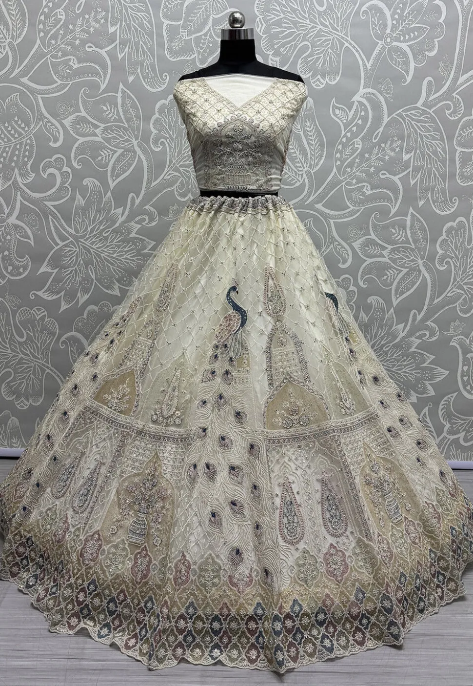 Embroidered Net Lehenga in Off White