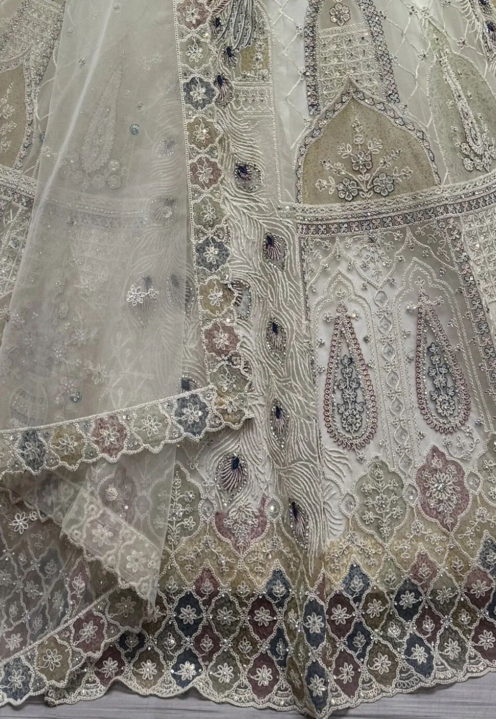 Embroidered Net Lehenga in Off White