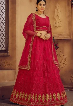 Embroidered Net Lehenga in Pink