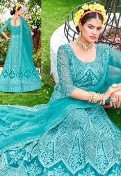 Embroidered Net Lehenga in Sky Blue