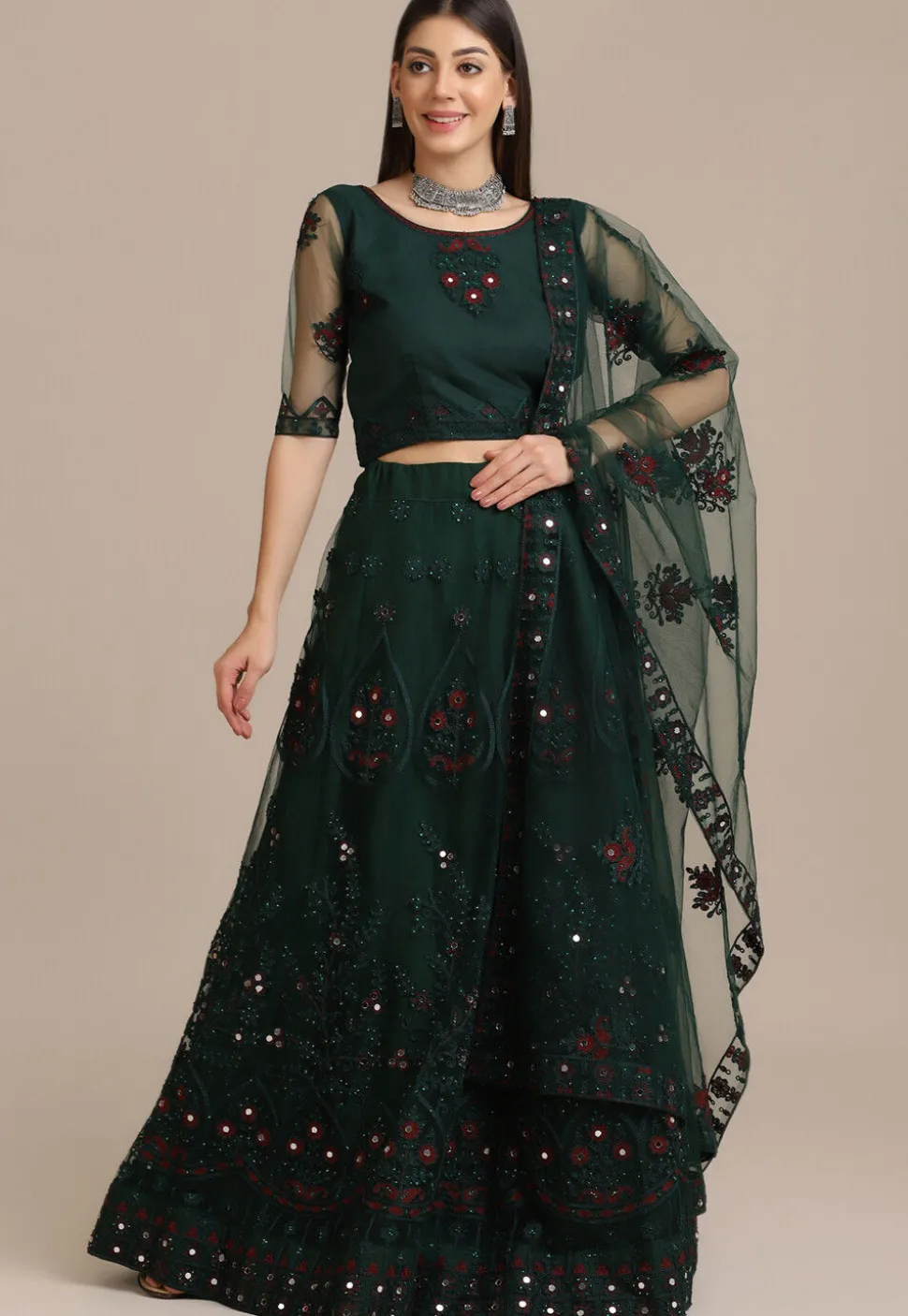 Embroidered Net Lehenga in Dark Green