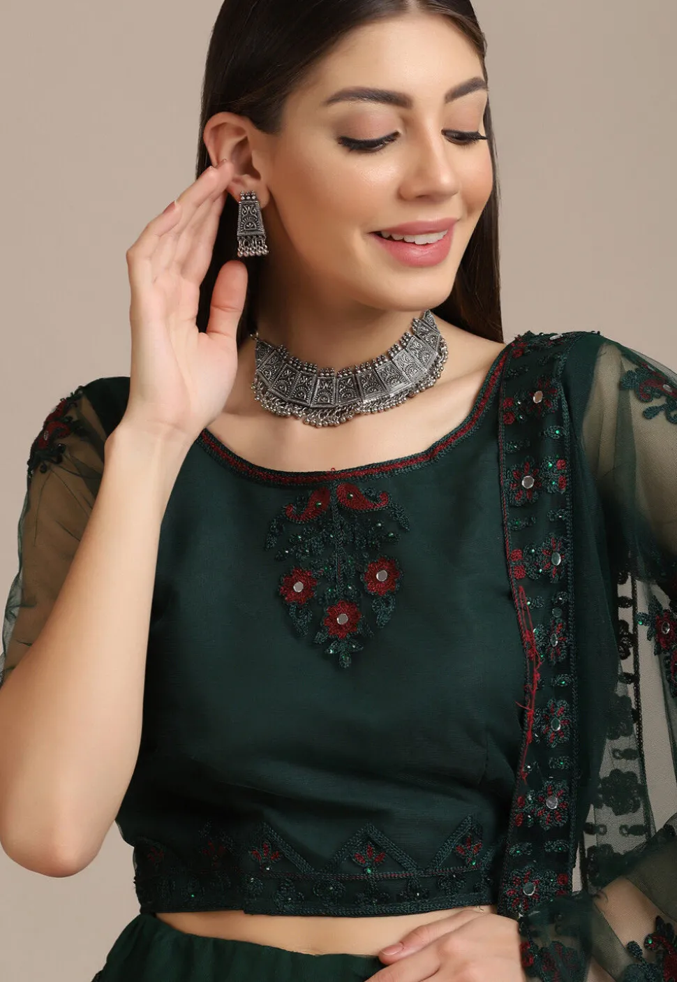 Embroidered Net Lehenga in Dark Green