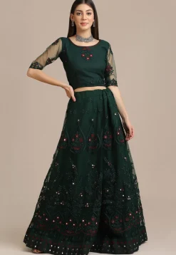 Embroidered Net Lehenga in Dark Green