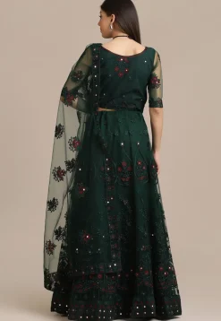Embroidered Net Lehenga in Dark Green