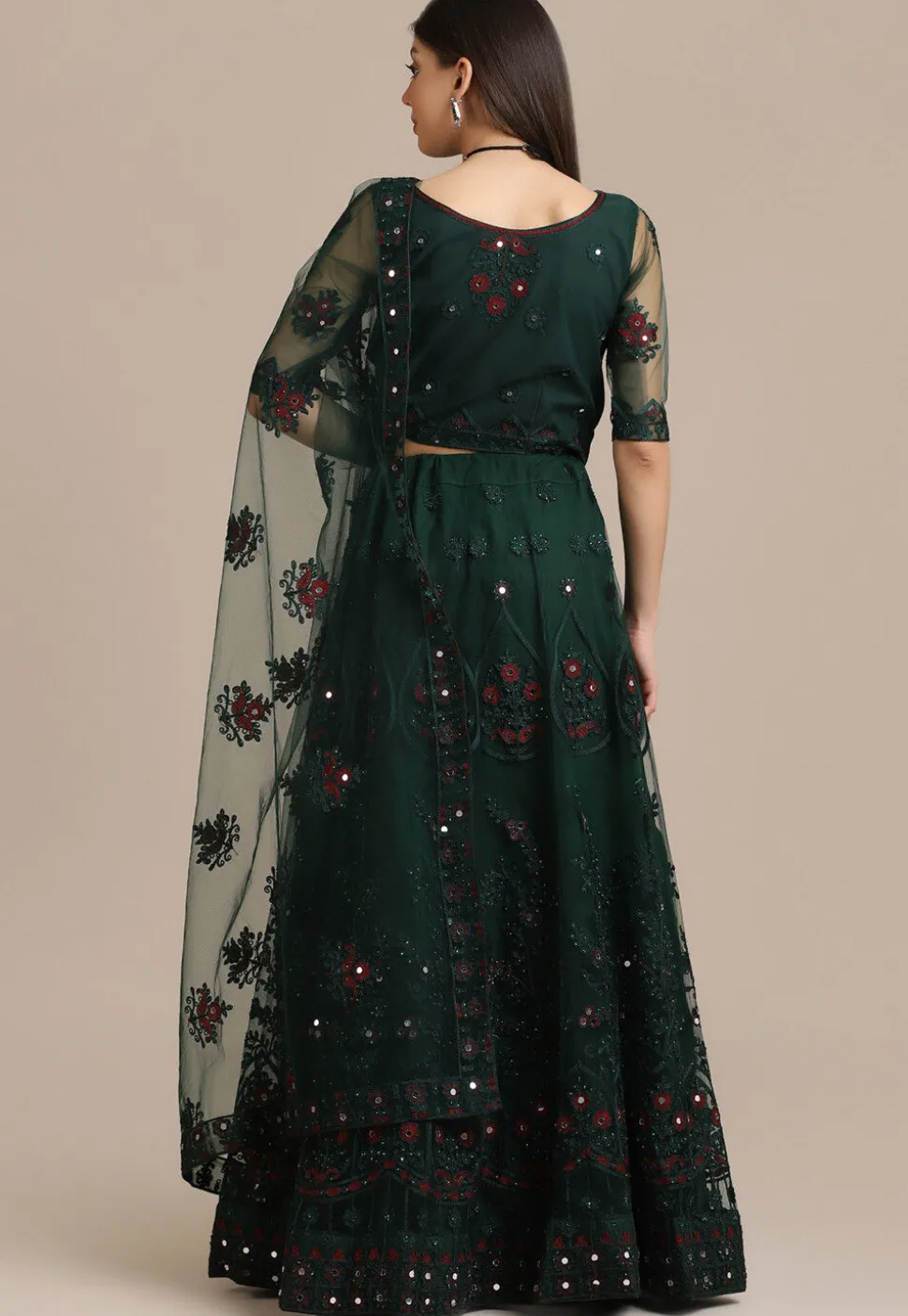 Embroidered Net Lehenga in Dark Green