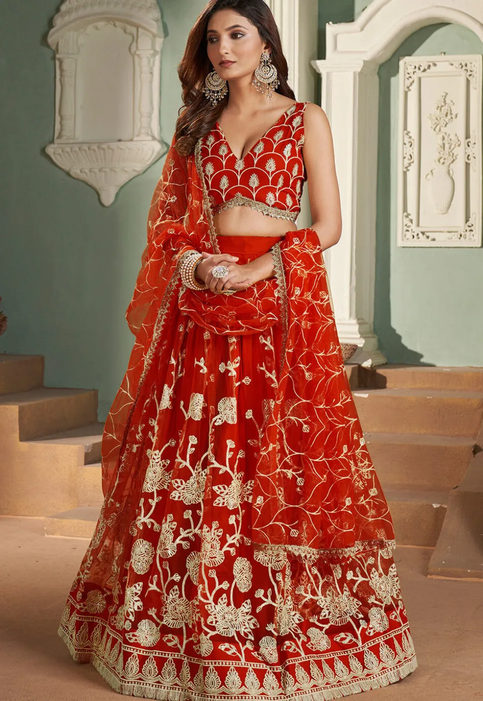 Embroidered Net Lehenga in Red