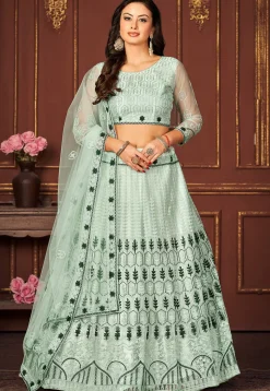 Embroidered Net Lehenga in Sea Green