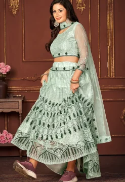 Embroidered Net Lehenga in Sea Green