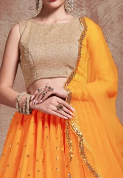 Embroidered Net Lehenga in Orange