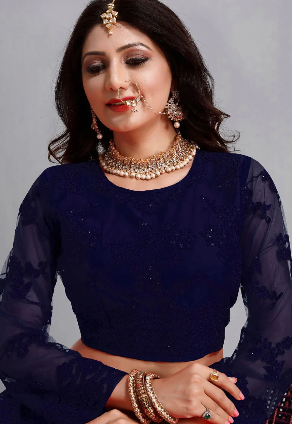 Embroidered Net Lehenga in Navy Blue
